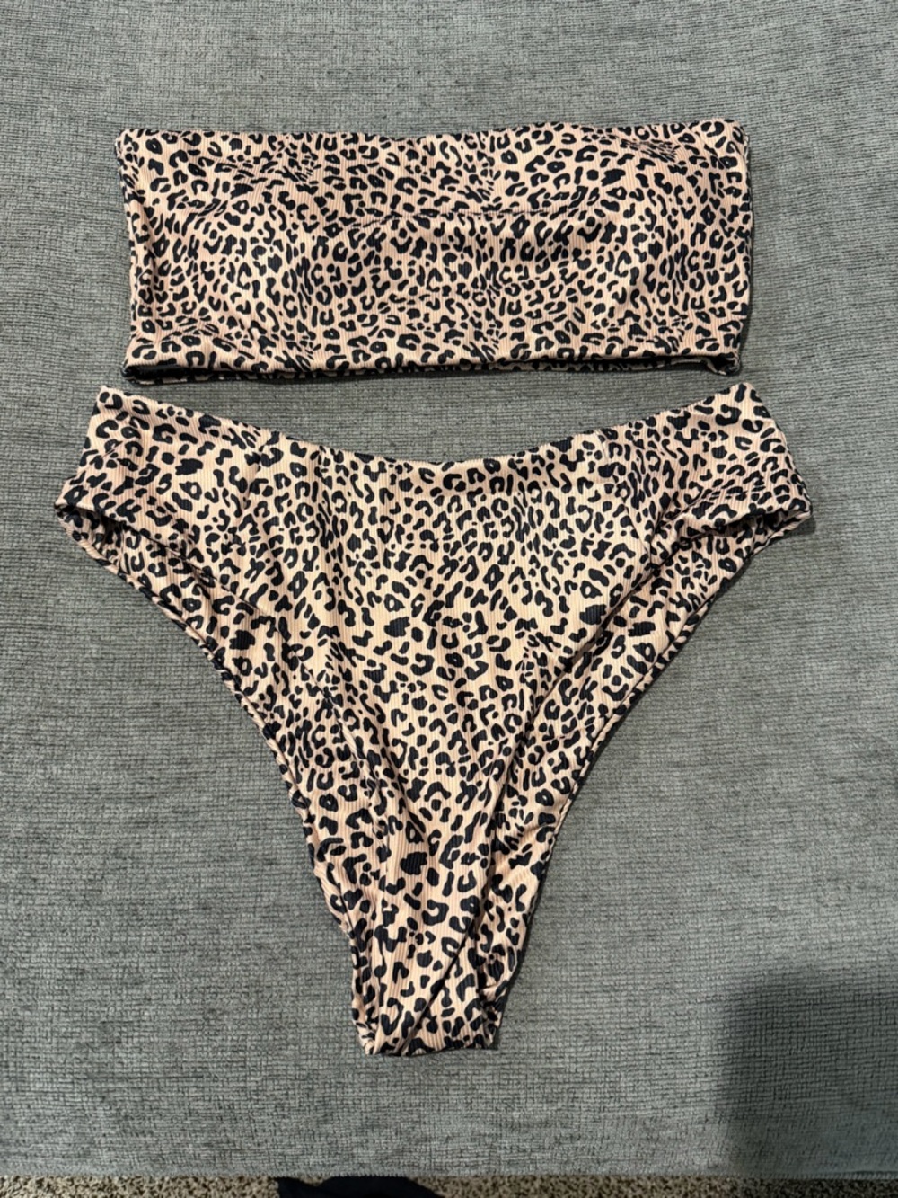 Leopard Print Bandeau Bikini Set - Beige & Black